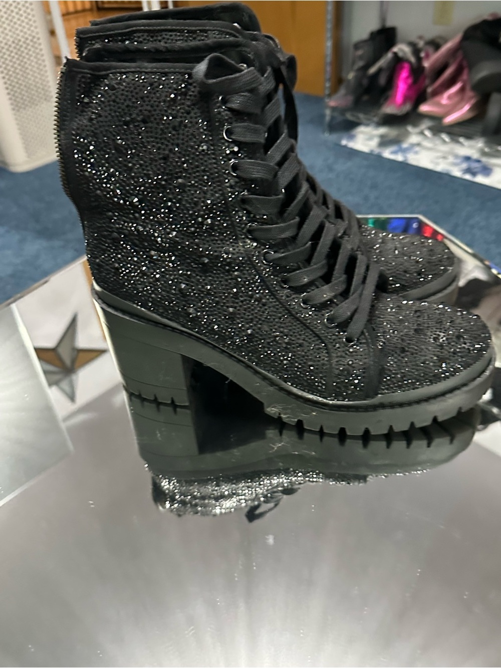 Steve Madden Black Glitter rhinestone Lace-Up Platform Combat Boots. 11 - Picture 2 of 9